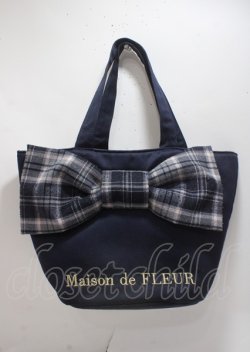 画像1: Maison de FLEUR / チェックリボンサテントートバッグ F ネイビー Y-25-03-26-029-LO-BG-SZ-ZY