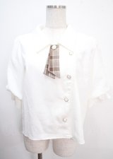 axes femme POETIQUE / チェックリボン付パフ袖ブラウス M 生成り Y-25-04-01-025-AX-BL-SZ-ZY