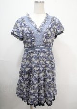 axes femme / ローズリーフ柄ティアードワンピース M 紺 Y-25-04-03-091-AX-OP-SZ-ZI