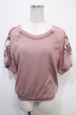 画像1: axes femme / 花刺繍×チュール袖プルオーバー M ピンク Y-25-04-15-055-AX-TO-SZ-ZY