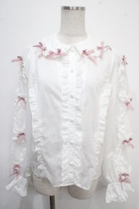 Chalmiere / フリルブラウス M 白×ピンク Y-25-04-26-013-LO-BL-SZ-ZY
