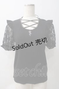 Secret Honey / ローズ刺繍レースアップ半袖トップス 2 黒 Y-25-05-22-100-CA-TO-SZ-ZY