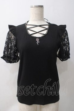 画像1: Secret Honey / ローズ刺繍レースアップ半袖トップス 2 黒 Y-25-05-22-100-CA-TO-SZ-ZY