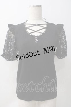 画像1: Secret Honey / ローズ刺繍レースアップ半袖トップス 2 黒 Y-25-05-22-100-CA-TO-SZ-ZY