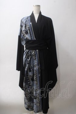 画像1: Deorart / 和柄切替着流しガウン  黒×青 Y-25-06-01-156-PU-JA-SZ-ZY