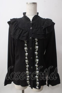 画像1: axes femme / フロントバラ刺繍フリルブラウス M 黒 Y-25-06-12-014-AX-BL-SZ-ZY