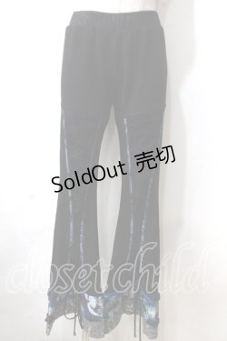 画像1: Qutie Frash / 編み上げ裾和柄ブーツカットパンツ  黒×青 Y-25-06-26-162-QU-PA-SZ-ZY