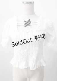 axes femme POETIQUE / シャーリングリボン半袖プルオーバー  白 Y-25-07-18-038-AX-TO-SZ-ZY