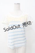 Emily Temple cute / フラワーボーダーパフカットソー  白 Y-25-07-21-061-ET-TO-SZ-ZT195