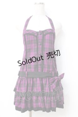 画像1: ALGONQUINS / チェックホルターネックワンピース M 紫 Y-25-07-21-084-AL-OP-SZ-ZY