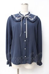 axes femme / ブーケ刺繍フリル襟ブラウス L 紺 Y-25-07-29-044-AX-BL-SZ-ZY