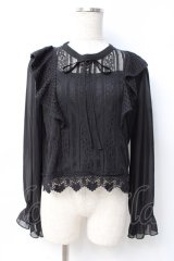 axes femme POETIQUE / 肩フリルレースブラウス M 黒 Y-25-07-29-050-AX-BL-SZ-ZY