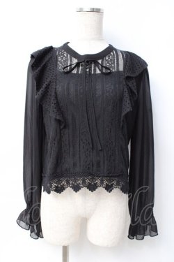 画像1: axes femme POETIQUE / 肩フリルレースブラウス M 黒 Y-25-07-29-050-AX-BL-SZ-ZY