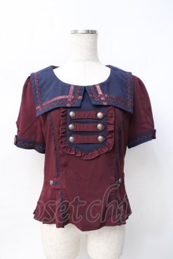 画像1: Ozz oneste / ナポレオンデザインセーラー襟半袖ブラウス  ワイン Y-25-07-29-067-OO-BL-SZ-ZY