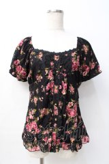 axes femme / 花柄レーシープルオーバー M 黒 Y-25-08-08-035-AX-TO-SZ-ZY