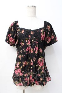 axes femme / 花柄レーシープルオーバー M 黒 Y-25-08-08-035-AX-TO-SZ-ZY