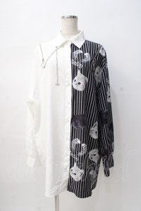 Amilige / バイカラーCATプリントシャツ F ホワイト Y-25-08-08-052-PU-BL-SZ-ZY