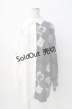 画像1: Amilige / バイカラーCATプリントシャツ F ホワイト Y-25-08-08-052-PU-BL-SZ-ZY
