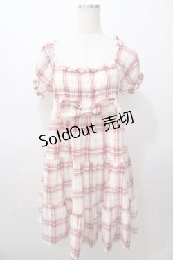 画像1: LIZ LISA / ビッグリボンチェック柄オフショルワンピ 0 オフ白×ピンク Y-25-08-13-035-LO-OP-SZ-ZY