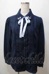 axes femme / 巻きバラ付きブラウス L 紺 Y-25-08-15-087-AX-BL-SZ-ZY