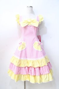 Angelic Pretty / ギンガムシャーベットジャンパースカート  ピンク×イエロー Y-25-08-31-048-AP-OP-SZ-ZY