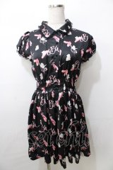 Rose Marie seoir / shirringワンピース  ネコバレエ柄黒 Y-25-09-11-031-EL-OP-SZ-ZT002