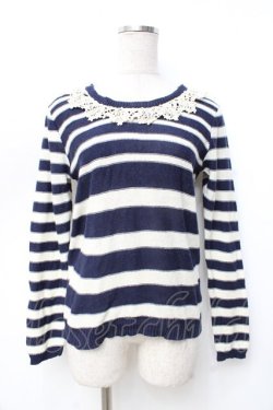 画像1: axes femme / 透かしボーダーニット M 紺 Y-25-09-25-053-AX-TO-SZ-ZY