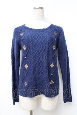 画像1: axes femme / トランプアイコン刺繍ファーカラーニット M 紺 Y-25-09-25-060-AX-TO-SZ-ZY