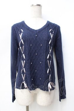 画像1: axes femme / レースアップVネックニット M 紺 Y-25-09-25-070-AX-TO-SZ-ZY