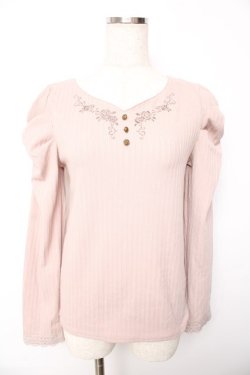 画像1: axes femme / 刺繍入マトンスリーブリブプルオーバー F ベージュ Y-25-10-13-019-AX-TS-SZ-ZY