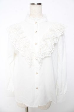 画像1: axes femme / リボンタイ付レースフリルブラウス M 白 Y-25-10-16-084-AX-BL-SZ-ZY