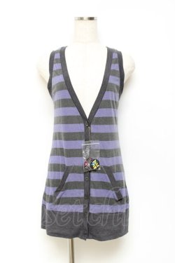 画像1: PEACE NOW / 缶バッジ付きボーダーノースリーブカーディガン M グレー×パープル Y-25-10-25-085-PU-TO-SZ-ZY
