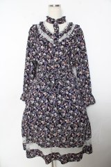 axes femme / フリル花柄ロングワンピース M 紺 Y-25-10-25-123-AX-OP-SZ-ZI