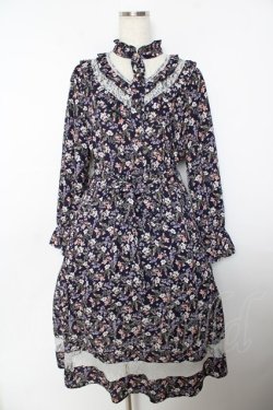 画像1: axes femme / フリル花柄ロングワンピース M 紺 Y-25-10-25-123-AX-OP-SZ-ZY