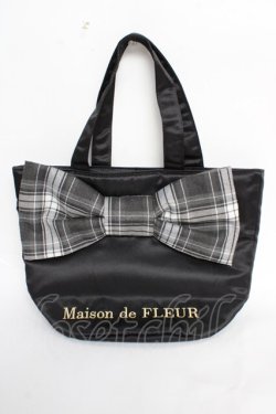 画像1: Maison de FLEUR / チェックリボンサテントートバッグ F ブラック Y-25-10-28-043-LO-BG-SZ-ZY