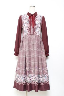 画像1: axes femme / グレンチェック花柄ワンピース M ワイン Y-25-11-05-127-AX-OP-SZ-ZY