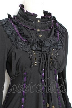 画像4: Ozz oneste / 姫袖裾プリーツサテンリボンワンピース  黒×紫 Y-25-11-05-133-OO-OP-SZ-ZY