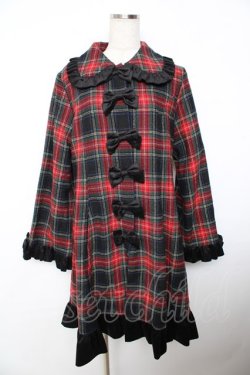画像1: Heart E / リボンとタータンのフレアフリルコート 9号 黒×赤 Y-25-11-06-073-LO-CO-SZ-ZY