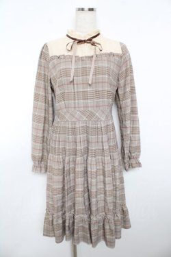 画像1: axes femme POETIQUE / チェック消しプリーツワンピース M 茶 Y-25-11-21-085-AX-OP-SZ-ZY