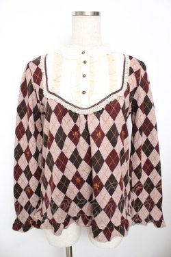 画像1: axes femme / アーガイル柄レースニットプルオーバー M ワイン Y-25-11-21-023-AX-TO-SZ-ZY
