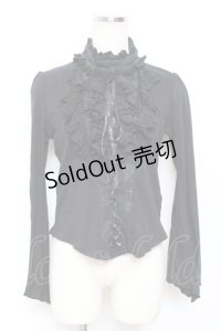 h.naoto Blood / プリント入編み上げフリルカットソー  黒 Y-25-11-22-108-HN-TO-SZ-ZS