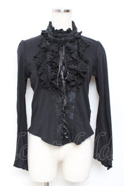 画像1: h.naoto Blood / プリント入編み上げフリルカットソー  黒 Y-25-11-22-108-HN-TO-SZ-ZY