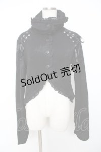 h.naoto Blood / プリント入り編み上げハイネック燕尾カーディガン  黒 Y-25-11-22-110-HN-TO-SZ-ZY