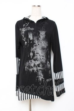 画像1: SEX POT ReVeNGe / ストライプ切替ハーフジッププリントカットソー L 黒×白 Y-25-11-26-105-SP-TO-SZ-ZY