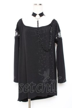 画像1: ALGONQUINS / チョーカーチェーン付き編み上げBIGカットソー F 黒 Y-25-11-26-122-AL-TO-SZ-ZY