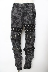 SEX POT ReVeNGe / タイダイ柄スタッズギャザーパンツ M 黒×グレー Y-25-11-26-176-SP-PA-SZ-ZY