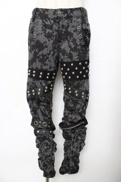 画像1: SEX POT ReVeNGe / タイダイ柄スタッズギャザーパンツ M 黒×グレー Y-25-11-26-176-SP-PA-SZ-ZY