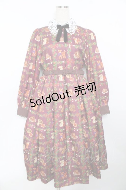 画像1: axes femme Kawaii / 森のケーキ屋さん柄ワンピース M ワイン Y-25-11-30-191-AX-OP-SZ-ZI (1)