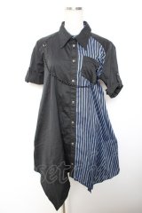 ALGONQUINS / ストライプ半袖ロングシャツ  黒×青 Y-25-12-01-024-AL-BL-SZ-ZY