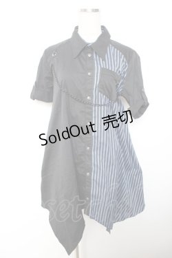 画像1: ALGONQUINS / ストライプ半袖ロングシャツ  黒×青 Y-25-12-01-024-AL-BL-SZ-ZY